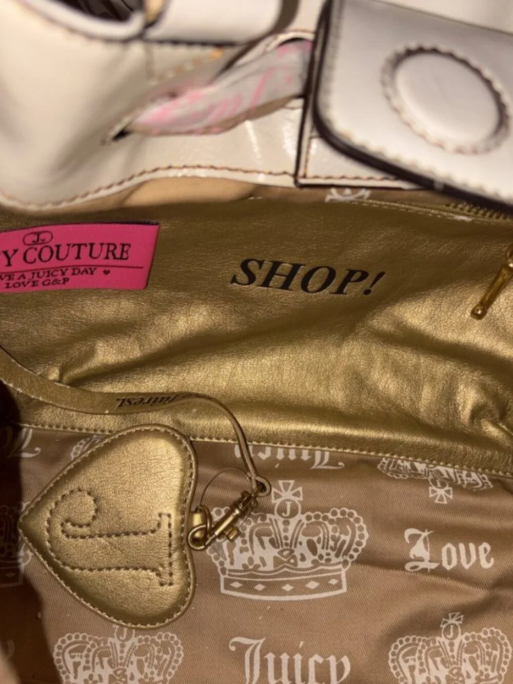 VINTAGE JUICY COUTURE DAYDREAMER White Pink Plaid Daisy Flower Charms Leather